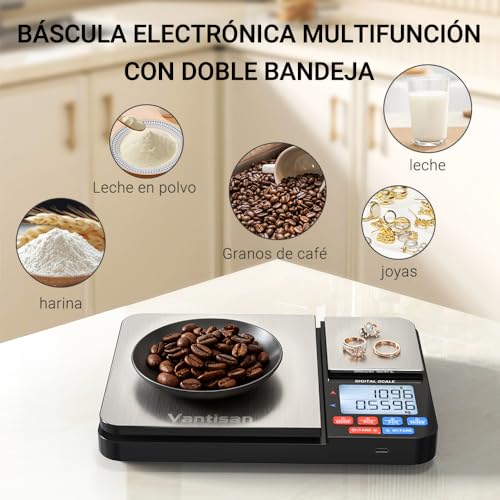Vantisan Báscula digital de doble plataforma para cocina y alimentos,Báscula para Alimentos 0.3 g/5 kg y 0,03 g/500 g,Utilizable con Carga USB y Batería (incluida),acero inoxidable