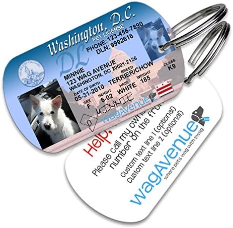 Washington DC State Drivers License Pet Tag – Durable Custom Stainless Steel Military Dog ID for Pet Collar, Split Ring & Personalized Pet Photo Included (2”L x 1.13”W, .2oz, Rounded Rectangle)