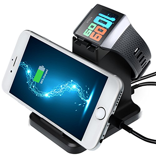 Mtlee Charger Charging Stand for Fitbit Ionic Smartwatch, 2 in 1 Charging Dock Station for Fitbit Ionic Watch and iPhone X/ 8/ 7/ 6, Samsung, Universal Smart Phones, Phone Holder, Black