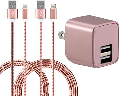 iPhone Cable [8 Pin] Rose Gold - "Moonwalk Aluminum Sheath" Series - ( 3 Pack ) Dual Por Wall Charger (1) + Cable 1m (1) + Cable 1.5m (1)