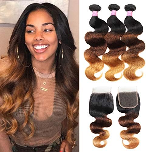 Mink Hair 10A Ombre Body Wave Human Hair 3 Bundles with Closure (12 14 16+10) 1B/4/27 Unprocessed 10A Brazilian Ombre 3 Tone Body Wave Human Hair Bundles with Free Part Closure