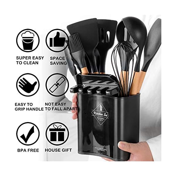 BenRich-Kitchen-Utensils-Set-11-Pcs-Silicone-Cooking-Utensils-Set-Spatula-Set-Turner-Whisks-Spoon-Rest-Utensil-Holders-Heat-Resistant-Kitchen-Tools-and-Gadgets-Accessories-Black Kitchen Utensils Set 11 Pcs, BenRich Silicone Cooking Utensils Set Tools & Gadgets Holders Spatula Turner Whisks Spoon…