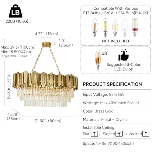 AOOCHOK Modern Gold Crystal Chandelier, Oval Crystal Chandelier, Suitable for Living Room, Dining Room, Bedroom and Restaurant, 80*35cm
