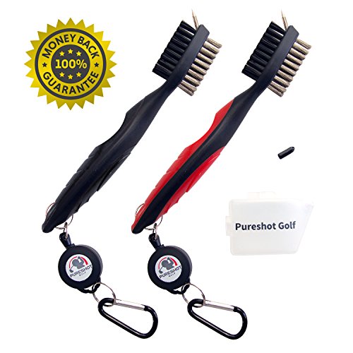 PureShot Golf Club Brush w/Groove Cleaner | Retractable Zip-line w/Clip Extends 2 Ft. | Easily Attaches to Golf Bag