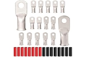 JOYPXF 8Pcs 2/0 AWG 3/8" Stud and 8Pcs 2/0 AWG 5/16" Stud Heavy Duty Tinned Copper Wire Lugs with 16Pcs Heat Shrink Tubing, Copper Ring Terminals, Battery Cable Ends, Bare Copper Eyelets