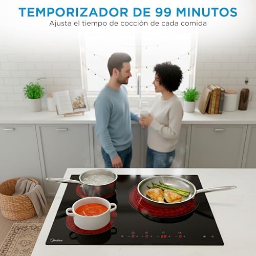 Placa Vitroceramica 3 fuegos 6200 W - Vitroceramica Integrada con Panel de control tactil, Indicador de Luz, Temporizador, Child lock y Protección por Sobrecalentamiento