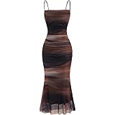 SOLY HUX Women's Tie Dye Ruched Bodycon Maxi Dress Sexy Mesh Sleeveless Cocktail Party Club Long Cami Dresses