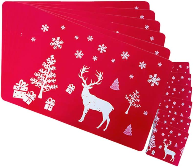 CFPacrobaticS 12Pcs Christmas Elk Tree Fork Bowl Placemat Coaster Cup Pad Mat Dinner Heat Insulation Coffee Tableware Decor Party Wedding Supply (Red Christmas Elk)