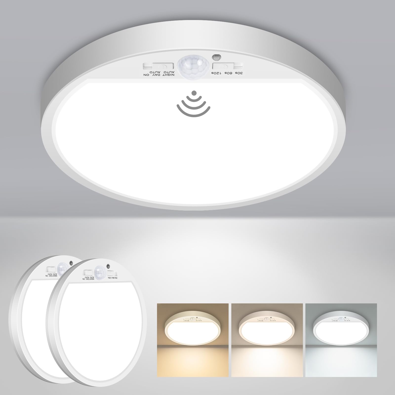 slochi 2PACK LED Ceiling Light with Motion Sensor, 3000K-4000K-6500K & 100W Equivalent Motion Sensor Lights Indoor, 15W 1500LM 18cm Bathroom Ceiling Light for Bath,Porch,Stairs,Garage
