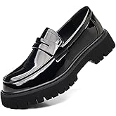 Men's Patent Leather Platform Chunky Loafers - Classic Toe Lug Sole Business Casual Slip-On Penny Shoes
