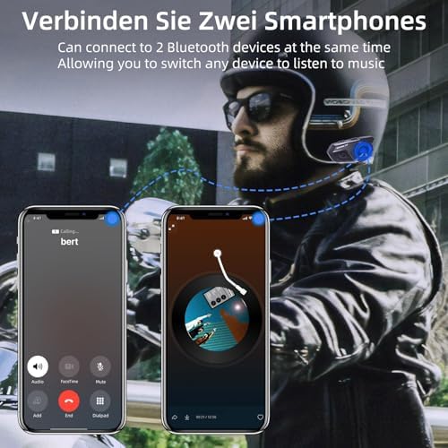 WAYXIN T2 Motorcycle Headset with Intercom, Helmet Communication System for 2 People in Range of 300 m, with Voice Assistant, Waterproof Hands-Free Calling, Music Call Control (1 Piece)
