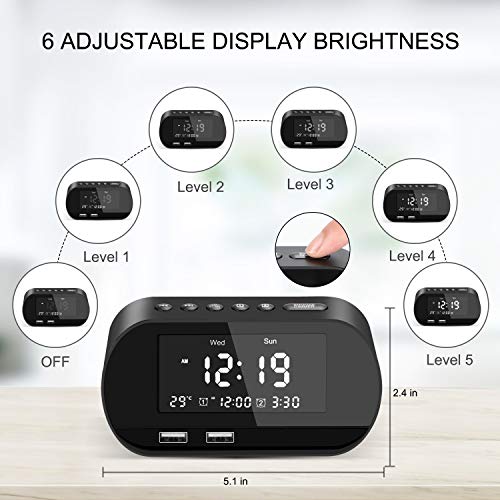 VEGKEY Digital Alarm Clock Radio, Small Alarm Clock with FM Radio, 6 Brightness, Dual USB Charging Ports, Temperature Display, Snooze, Dual Alarms with 6 Alarm Sounds for Bedrooms, Bedside, Desk