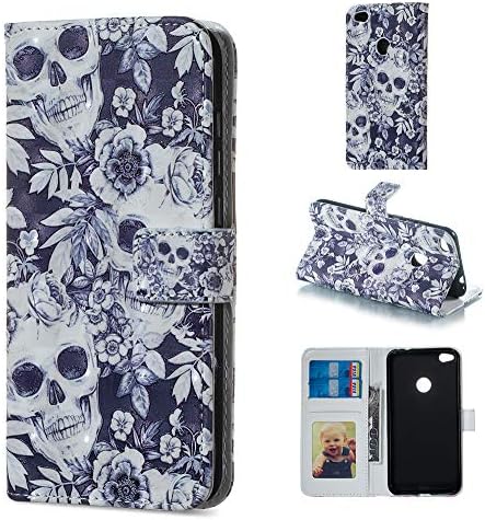 BestCatgift P8 Lite PU Leather Folio Flip Cover [3D Relief Pattern ][Kickstand] For Huawei P8 Lite 2017/P9 Lite 2017/Honor 8 Lite/Nova Lite/GR3 Magnetic Wallet Case - Skeleton Flower
