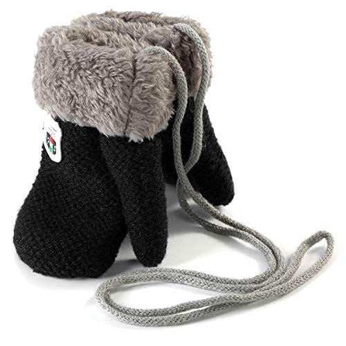 Winter Warm Baby Gloves Mittens - Infant Toddler Kids Knit Plush Lined Gloves Mittens with String for Baby Girls Boys 6 Months - 5 Years (Black) - Thumbnail 2