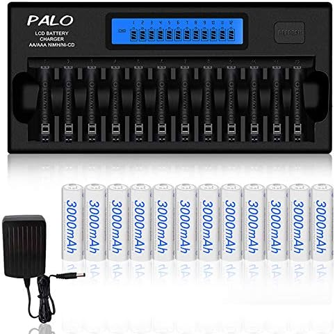 PALO 12 Bay LCD Smart AA AAA Battery Charger + 12 Pack AA 3000mAh Ni-MH Rechargeable Batteries - Battery Case Included (Can Charge Batteries Individually, Not Must in Pairs)