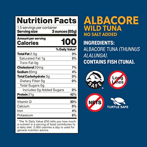 WILD PLANET WILD ALBACORE TUNA,NO SALT ADDED, CANNED TUNA, SUSTAINABLY WILD-CAUGHT, POLE & LINE, NON-GMO, KOSHER 5 OZ