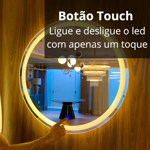 Espelho Redondo 3 Cores de LED e Touch Screen - Vários tamanhos - Decorativo Lapidado Iluminado Luxo (90x90cm)