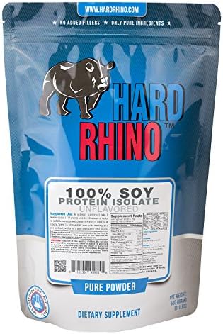 Hard Rhino 100% Soy Protein Isolate Powder, 500 Grams (1.1 Lbs), Unflavored, Lab-Tested, Scoop Included, 27 Servings