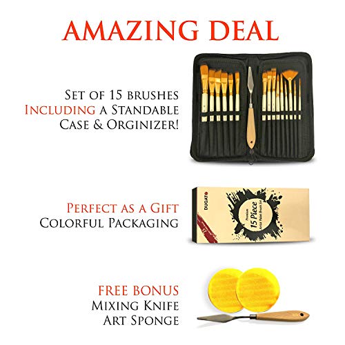 DUGATO Artist Paint Brush Set 15pcs Includes Pop-up Carrying Case with Free Palette Knife and 2 Sponges for Acrylic, Oil, Watercolor, Art, Scale Model, Face, Paint by Numbers for Adults