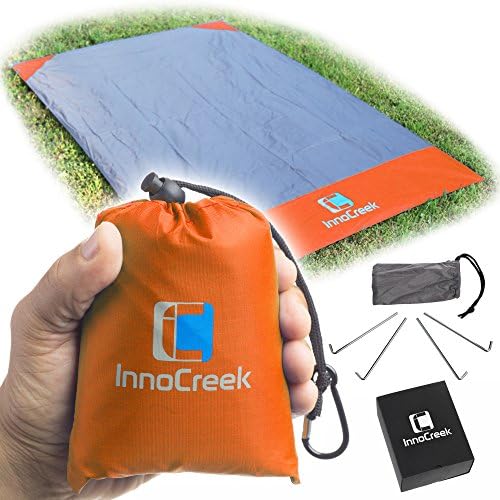 Waterproof Pocket Blanket / Picnic Blanket, Sand Proof Beach Blanket, Large 75’’ x 48’’ with 4 Stake Anchors - Lightweight Compact Outdoor Mat Ground Sheet Tarp for Camping Travel (Orange / Grey)