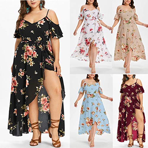 Women's Floral Maxi Dresses Boho Split Short Sleeve Cold Shoulder Flower Print Beach Party Dress (Beige -1, 2XL)
