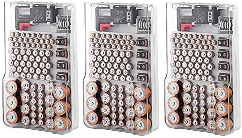 The Battery Organizer Storage Case with Hinged Clear Cover, Includes a Removable Battery Tester, Holds 93 Batteries Various Sizes (3-(Pack))