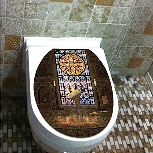 Toilet Cover Decoration,Gothic,Lectern on Pentagram Symbol Medieval Architecture Candlelight in Dark Spell Altar,Olive Green Mustard,3D Printing,W12.6"xH14.9" - Thumbnail 2