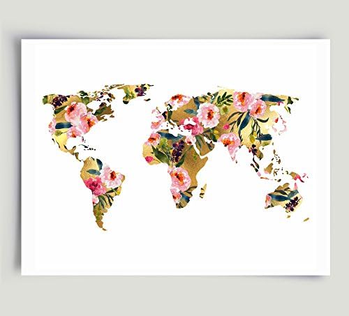 Floral Watercolor Map of the World Pink Gold Art Unframed Paper Print