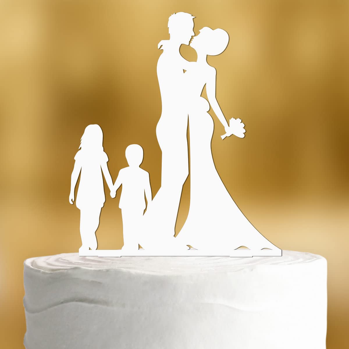 Cake Topper Wedding Bride and Groom with Children [Large Girl, Little Boy] Cake Decoration – Acrylic White – Wedding Decoration, Wedding Cake Decoration, Wedding Cake Decoration
