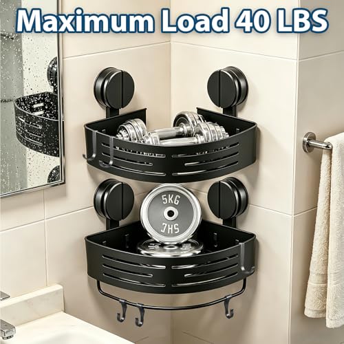 ZBXSNK 2Pcs Corner Shower Caddy, No Drilling Suction Cup Bathroom Corner Shelves, Shower Storage Shelf with Towel Bar & Hooks, for Bathroom Kitchen Vanity & Shampoo, Razors, Spice Bottles