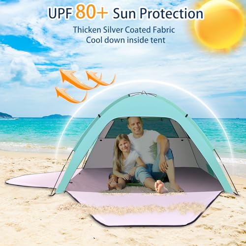 Beach Tent, UV Protection 80+ Beach Tent with 2 Zipped Doors and 2 Mesh Windows Anti UV Tent for Family, Carry Bag, Beach Shelter