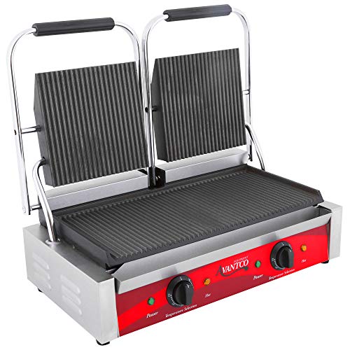 Avantco P84 Double Commercial Panini Sandwich Grill with Grooved Plates - 18 3/16" x 9 1/16" Cooking Surface - 120V, 3500W