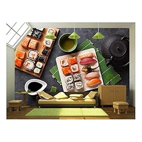 Set of Sushi and Maki Roll and Green...
