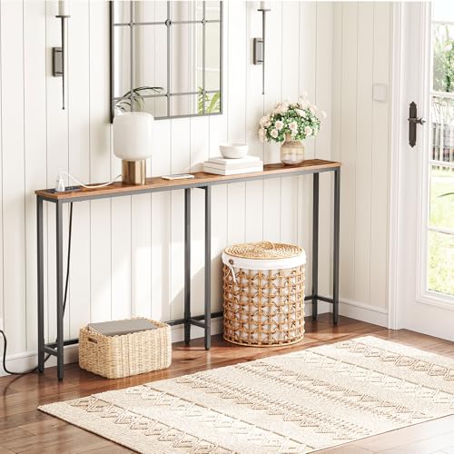 HOOBRO Extra Narrow Console Table with Power Outlets, Skinny Entryway Table for Living Room, 160 cm Slim Behind Couch Table, Thin Sofa Table for Hallway, Foyer, Rustic Brown and Black EBF165KXG01