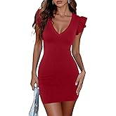 BONITEE Women Sexy Deep V Neck Bodycon Mini Dresses 2026 Summer Ruffle Sleeve Dress Casual Sleeveless Party Short Dresses