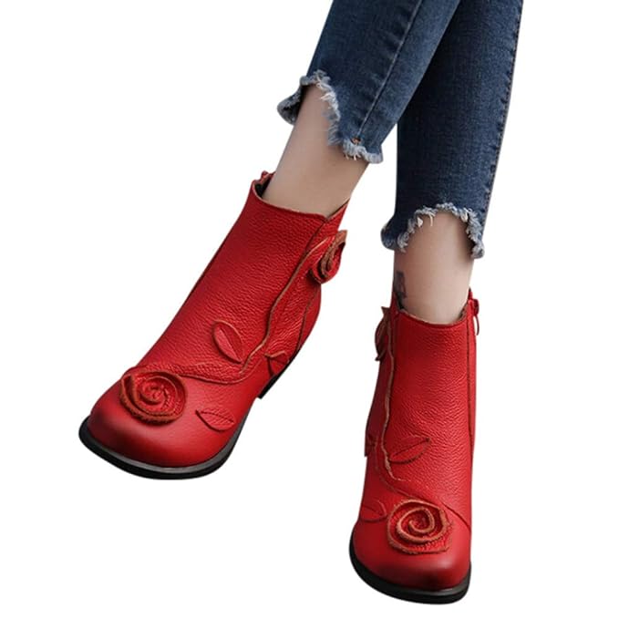 Geili Stiefeletten Damen mit Blockabsatz Kurzschaft Lederstiefel Vintage Ethnisch Handgenäht Blumen Ankle Boots Frauen Übergr