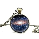 Galaxy Space Moon Nebula Glass Cabochon Necklace Women Trendy Pendant Necklace Bronze Long Chain Jewelry Necklace for Mom
