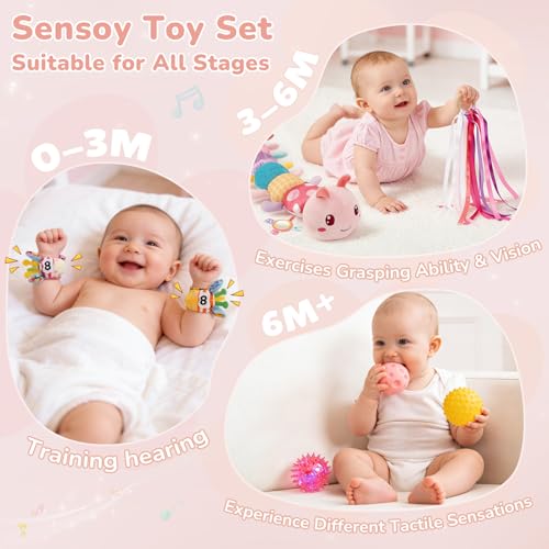 Joyreal Baby Girl Toys Baby Essentials for Newborn, 10pcs Newborn Baby Gifts, Musical Caterpillar Toys, Rattles, Ribbons, Baby Toys 6 to 12 Months, Sensory Toys for Babies 0-6 Months