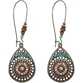 QLUYCKW Bohemian Turquoise Earrings Ethnic Tibetan Engraved Flower Pattern Round Geometric Dangle Drop Statement Earrings for Women Handmade Trendy Boho Vintage Jewelry (Teardrop Turquoise)