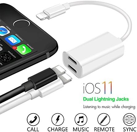 iPhone 7 &amp; iPhone 8 Lightning Splitter, Dual Port Charging and Headphone Adapter,2 in 1 Charge and Audio Listen to Music at the Same Time, Support iOS 11.2 and before