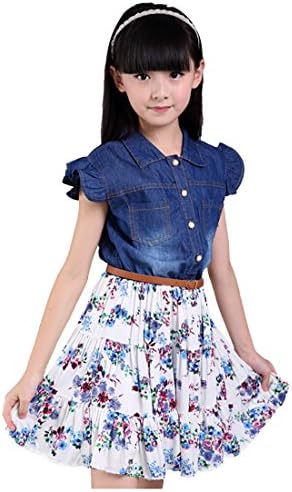 ANTNA Girls Clothes Denim Floral Dress White Flower Print 140