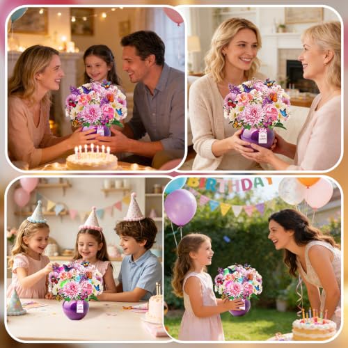 Pop Up Birthday Cards for Women with Birthday Music & Lights, Peony & Gerbera Flower Bouquet with Butterflies Design, 10 Inch Birthday Greeting Card for Mum, Wife, Sisters, Bonus Envelope & Note Card