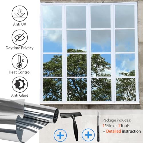 Zindoo Anti-Glare Window Film Anti Heat Good Mirror Effect with Installation Kit 40 x 200 cm Anti-UV Privacy Protection Sun Protection for Windows Home Office Store