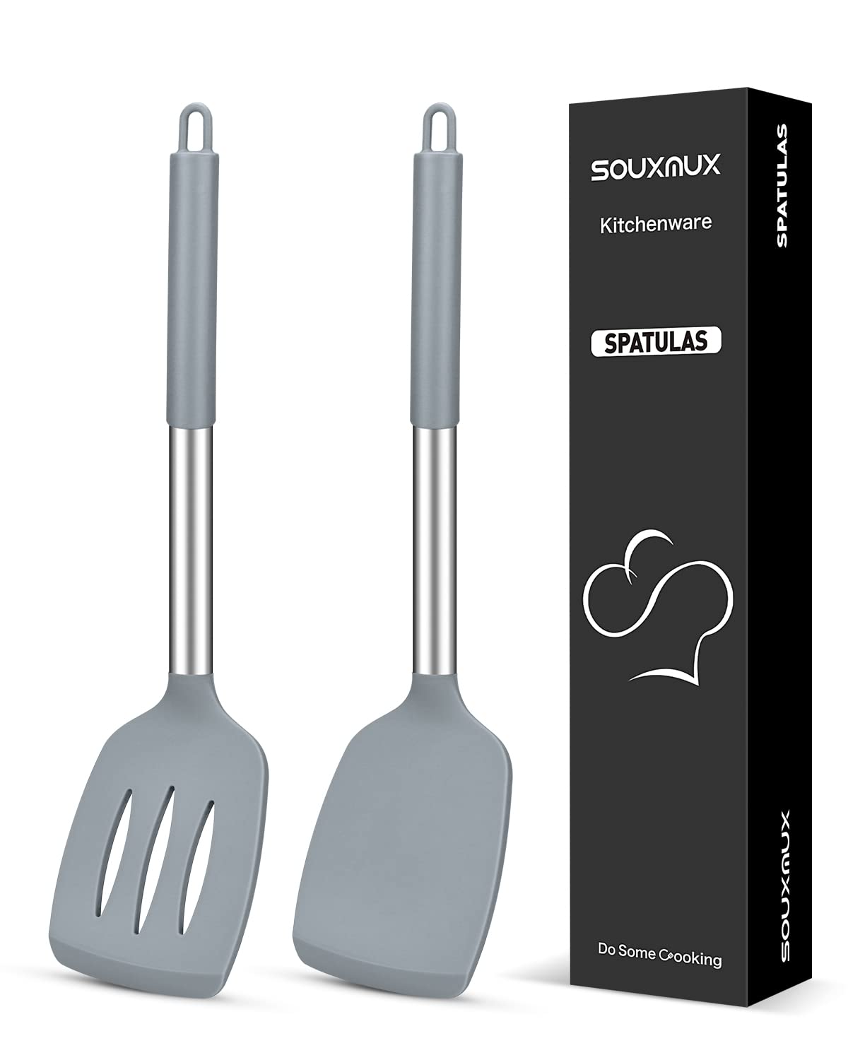 2 Pcs Silicone Spatulas Turners, Solid and Slotted Spatula Set, Non-Stick BPA Free High Heat Resistant Handy Kitchen Utensils for Cooking, Grill, Flipping Eggs, Fish, Pancake（Grey）