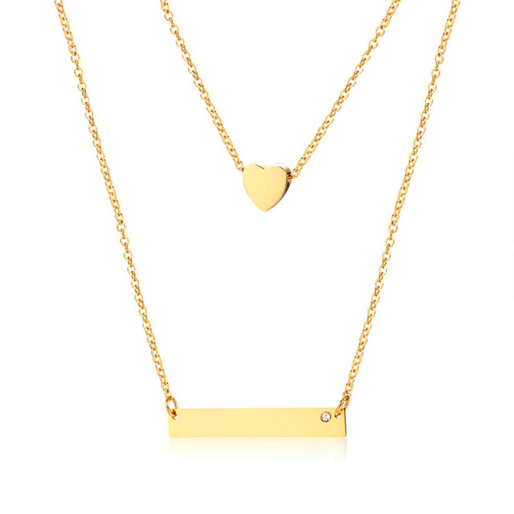 Cupimatch Women Gold Plated Bohemia Heart Love Bar Layered Choker Necklace Chain, Stainless Steel Multilayer Charm Pendant Necklace Jewelry