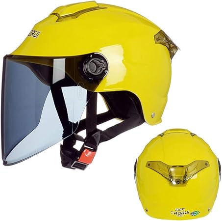Amazon テンカ バイクヘルメット ハーフ 夏 レディース メンズ シールド 軽量 ハーフヘルメット Helmet 頭囲 55cm 60cm未満 無地 日焼け止め 通気 耐衝撃 調節可 半帽ヘルメット オシャレ バッテリカーグ 321 イエロー 黒茶シールド 半帽 車 バイク