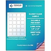 Premium Label Supply Glossy Clear Sticker Square Labels – 1.5" x 1.5" – Laser/Inkjet Compatible – (24 per Sheet), 10 Sheets – 240 Total Adhesive Labels