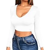Artfish Women's Long Sleeve Scoop V Neck Crop Top