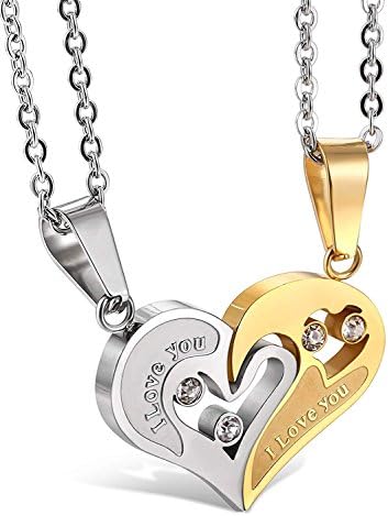 Moneekar Jewels Stainless Steel Mens Womens Couple Necklace Friendship Puzzle CZ Love Matching Heart Pendants (Amazon Exclusive)