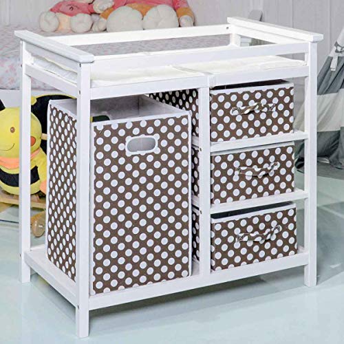 Wooden Baby Diaper Changing Table with Cushion of Safety Strap, Laundry Hamper, and 3 Storage Baskets (White)